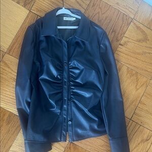 Avec Les Filles Black Leather Jacket with Ruched Front